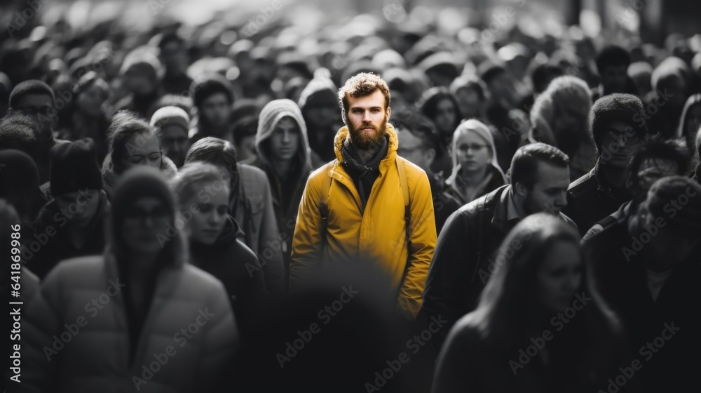 1 person in full bright colour and saturiattion standing among a crowd of people in black and white - obrazy, fototapety, plakaty 