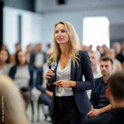 a female professional at a public speaking event presenting to small crowd of diverse business people in a small auditorium