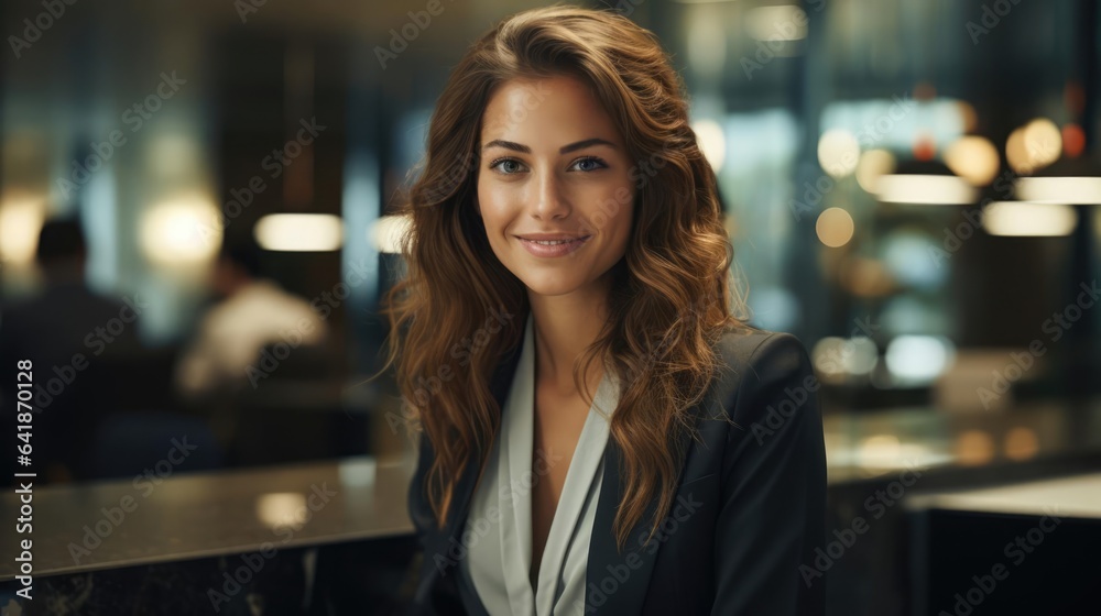 a professional woman smiling in business clothes in a modern concierge office with luxury details in the architecture a professional woman smiling in business clothes in a modern concierge office with luxury details in the architecture