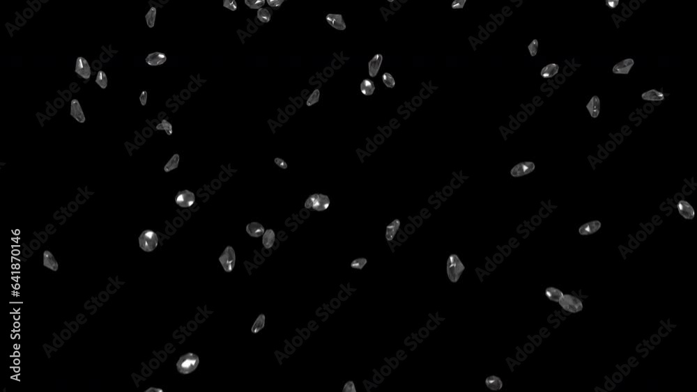 Diamonds falling into the frame as they sparkle and tumble, 4k 24p with alpha channel for transparent background and simple compositing Diamonds falling into the frame as they sparkle and tumble, 4k 24p with alpha channel for transparent background and simple compositing