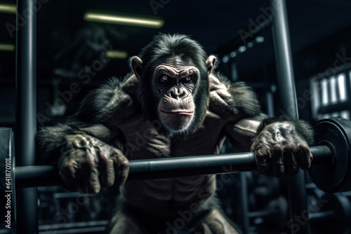 Gorilla monkey in a gym. Angry gorilla in the fitness room. Studio shot over dark background. Strength and motion concept. 