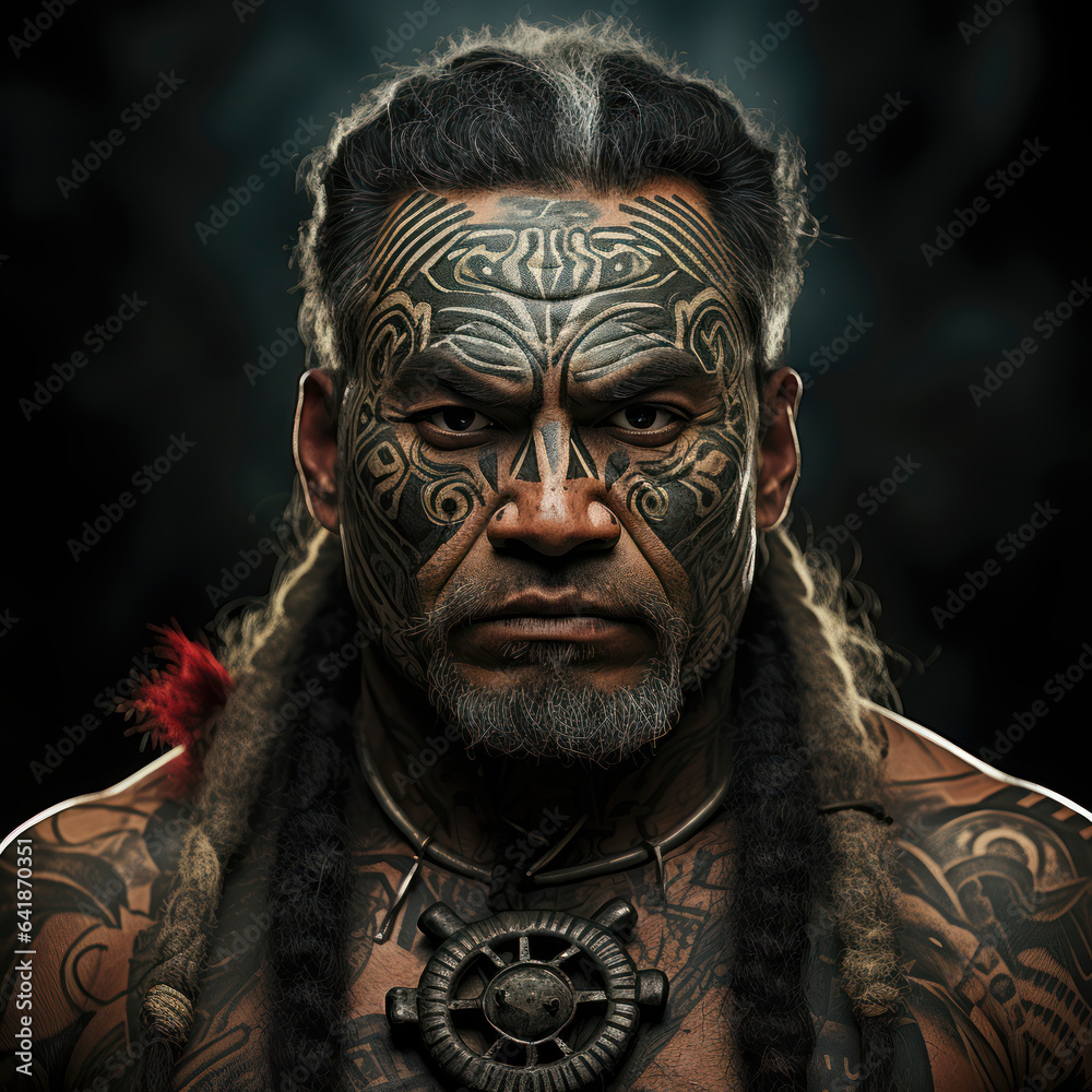 Maori warior portrait with tatoo, AI Generated