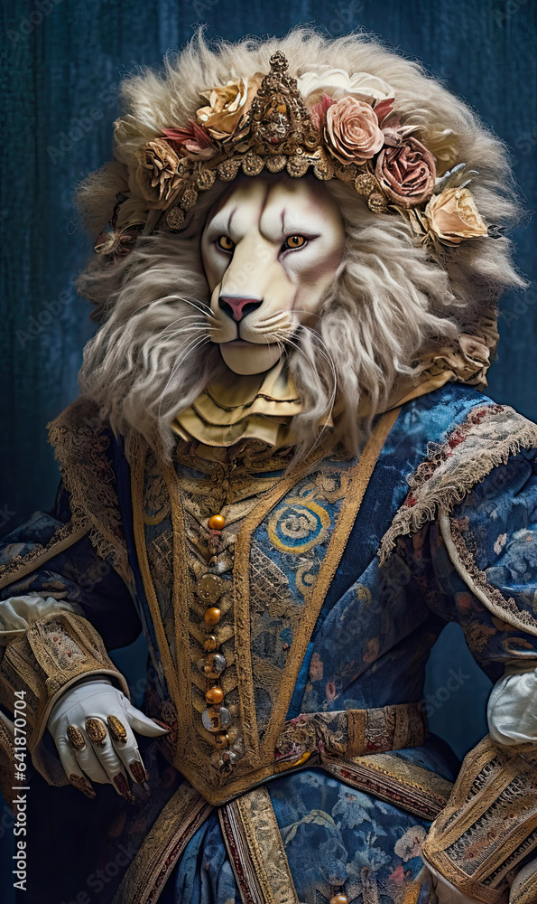 Regal Lion in Ornate Clothing,Royal lion in dress, animal concept photo portrait
