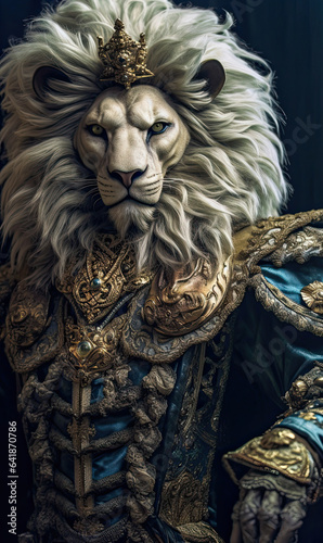 Regal Lion in Ornate Clothing Royal lion in dress  animal concept photo portrait