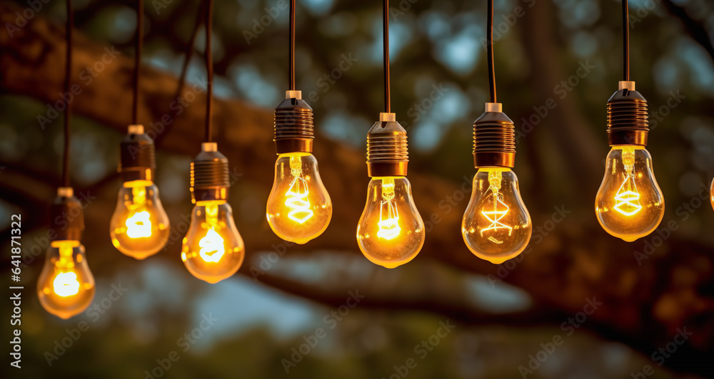 Decorative outdoor string lights hanging on tree in the garden at night time. The background bokeh caused by festive lights. digital ai
