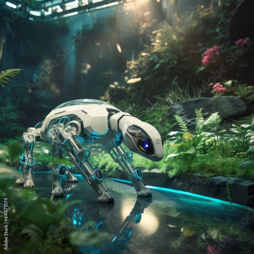 Visualize a sanctuary where lifelike robotic animals roam freely, maintaining the delicate balance of nature while showcasing advanced engineering and artificial intelligence