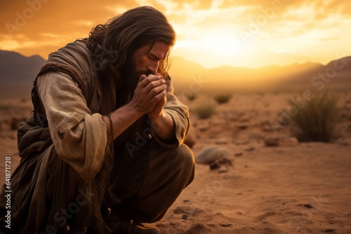 serenity of solitude: jesus crist praying in a desert, at sunset, Generative AI photo