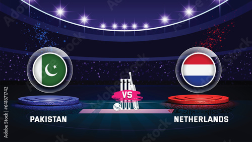 pakistan vs netherlands cricket championship match with flag shield on beautiful stadium background