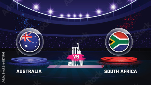 australia vs south africa cricket championship match with flag shield on beautiful stadium background