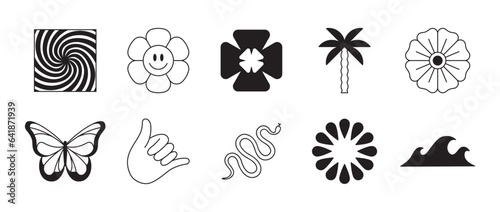 Vector retro futuristic neo grunge elements for print and graphic designs, abstract shapes y2k, figures, wireframe, flames, tattoo gothic and boho style, stickers, stars, hearts and logo templates