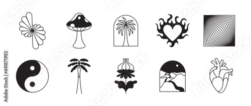 Vector retro futuristic neo grunge elements for print and graphic designs, abstract shapes y2k, figures, wireframe, flames, tattoo gothic and boho style, stickers, stars, hearts and logo templates