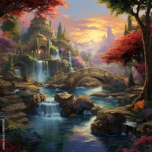 Picture suspended gardens hovering over a serene landscape, featuring a symphony of vibrant flora, flowing waterfalls, and tranquil ponds, all bathed in gentle sunlight