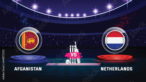 sri lanka vs netherlands cricket championship match with flag shield on beautiful stadium background