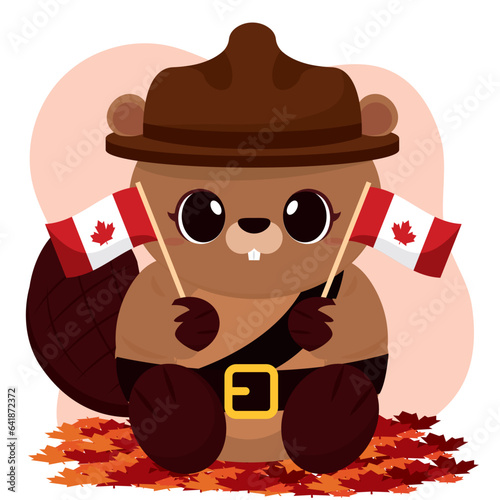 Cute beaver with forest ranger uniform holding flags of Canada Vector