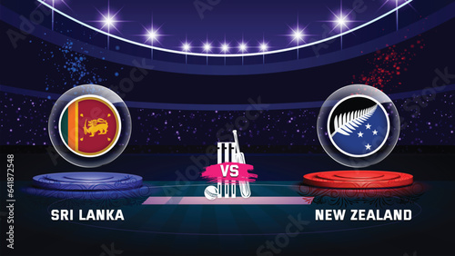 sri lanka vs new zealand cricket championship match with flag shield on beautiful stadium background