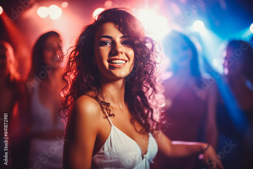 Beautiful young caucasian woman dancing and having fun at the night club, fun night out with friends