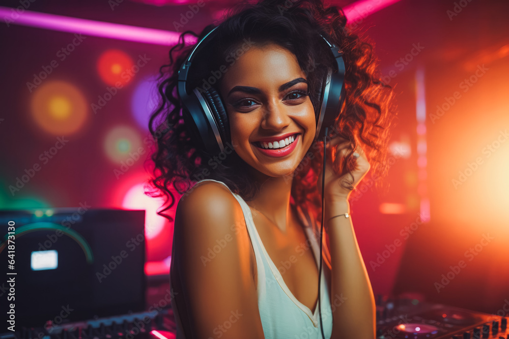 Portrait of a beautiful young caucasian woman DJ rolling music and having fun at the night club
