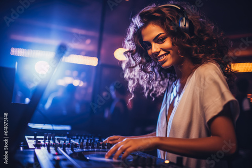 Portrait of a beautiful young caucasian woman DJ rolling music and having fun at the night club