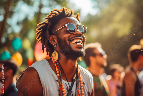 Portrait of a energetic african american man enjoying a music festival and having fun