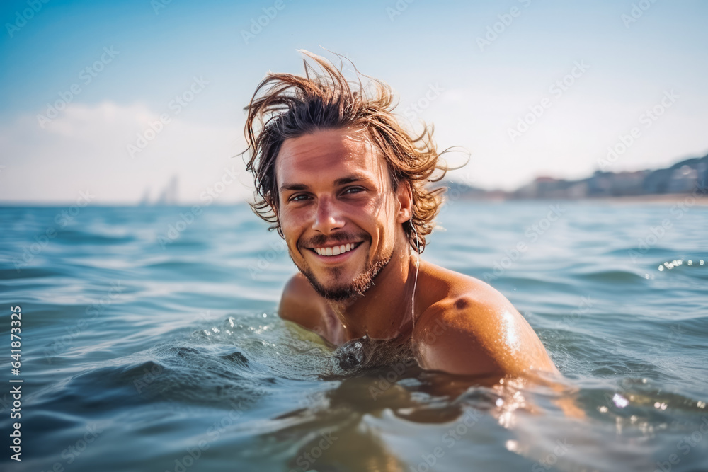 Portrait of handsome young caucasian man smiling and having fun while swimming in the ocean