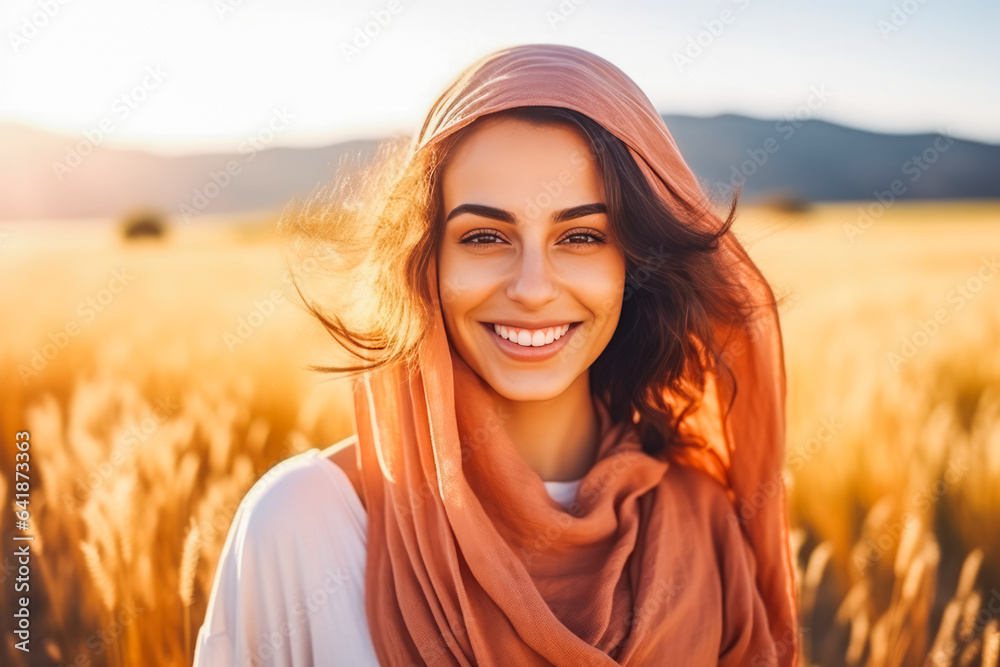 Portrait of beautiful young muslim woman smiling while standing in field of wheat, natural light - obrazy, fototapety, plakaty 
