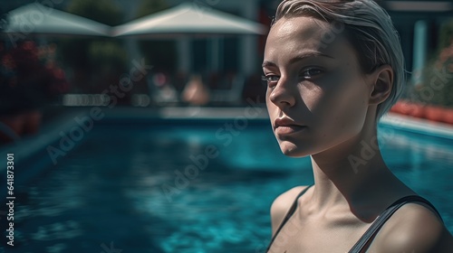 Portrait of a beautiful young woman standing by the swimming pool.