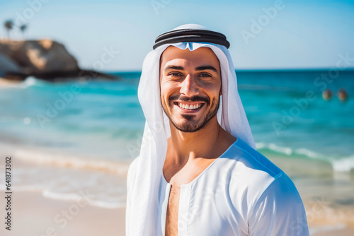 Portrait of handsome young muslim man smiling and having fun while standing by the ocean