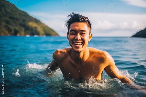 Portrait of handsome young asian man smiling and having fun while swimming in the ocean © VisualProduction
