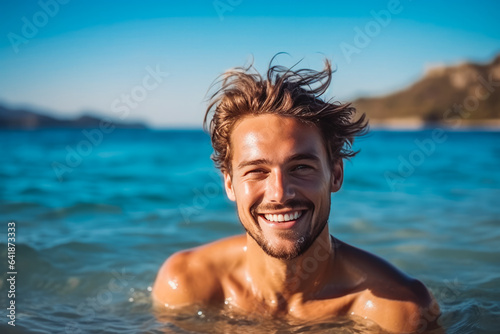 Portrait of handsome young caucasian man smiling and having fun while swimming in the ocean © VisualProduction
