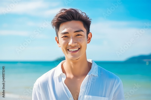 Portrait of handsome young asian man smiling and having fun while standing by the ocean
