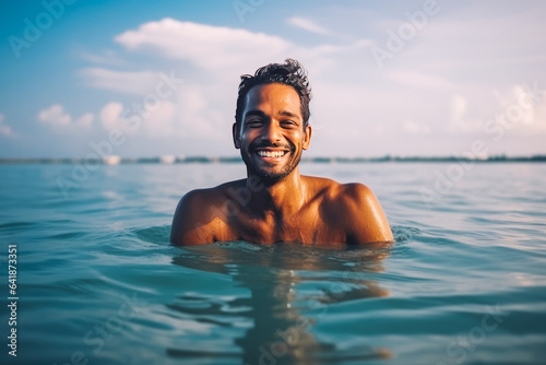 Portrait of handsome young indian man smiling and having fun while swimming in the ocean © VisualProduction