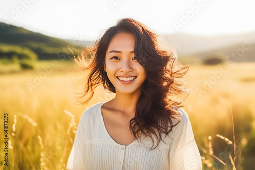 Portrait of beautiful young asian woman smiling while standing in field of wheat, natural light