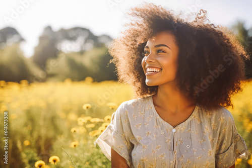 Portrait of beautiful young african american woman smiling while standing in field of wheat, natural light photo