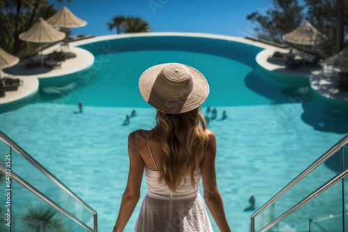 Rear view of young woman in white dress and straw hat standing by swimming pool. Vacation Concept with a Copy Space. © John Martin