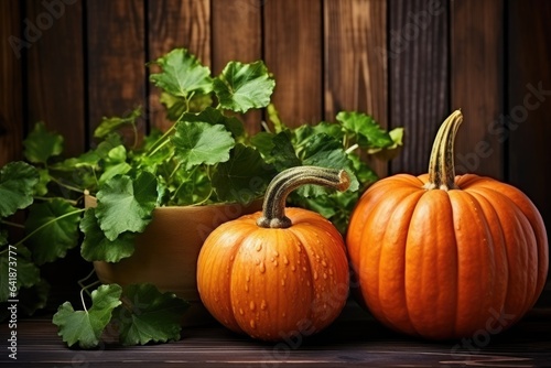 Ripe orange pumpkin on a beautiful wooden table, halloween preparation, harvest, copyspace
