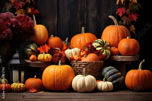 Ripe orange pumpkin on a beautiful wooden table  halloween preparation  harvest  copyspace