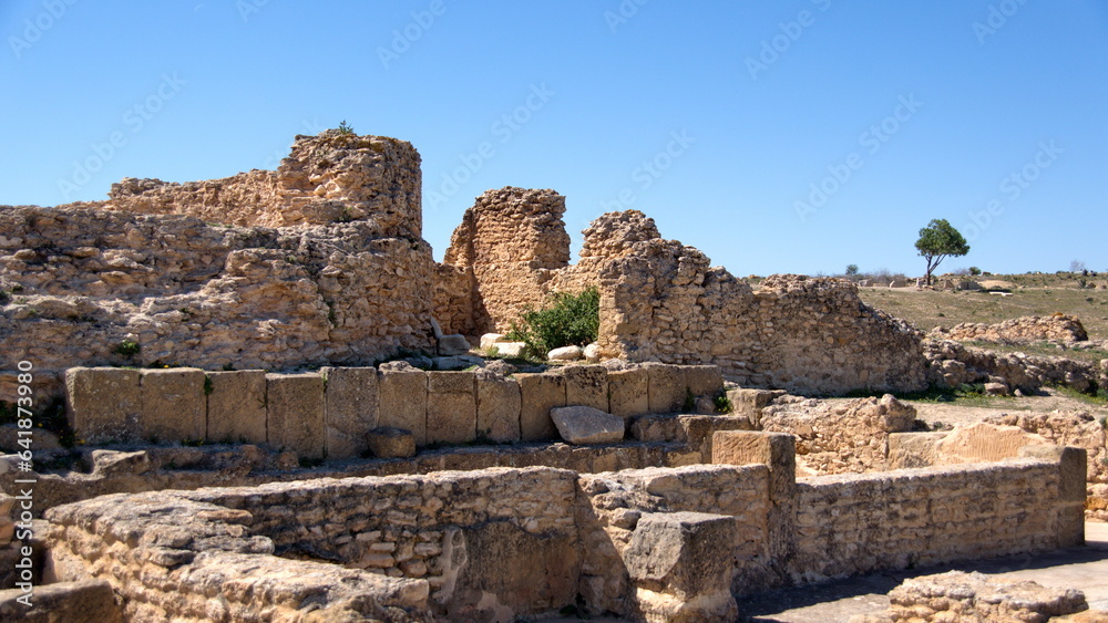 Old walls and foundations in the Roman ruins at Oudna, outside of Tunis, Tunisia