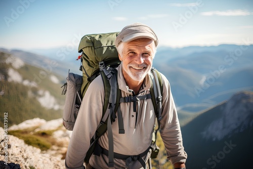 Senior man climbs to the top of the mountain with a backpack and smiles happily at the achievements of hiking. generative AI
