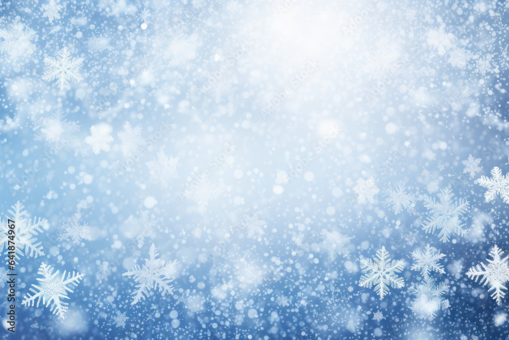 Magical snow flakes backdrop. Winter texture on a blue background. New Year's and Christmas.