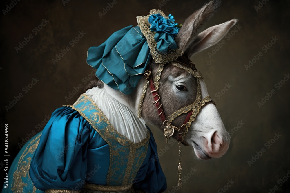 Donkey in baroque dress, concept of Animal Anthropomorphism 