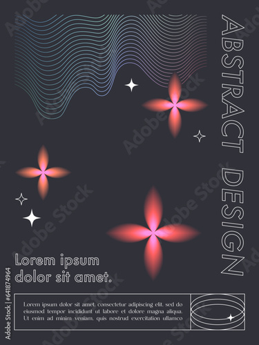 Vector abstract poster template with linear shapes,blurred sparkles,copy space for text in 90s style.Futuristic illustration in y2k aesthetic.Modern design for prints,banners,social media,covers.