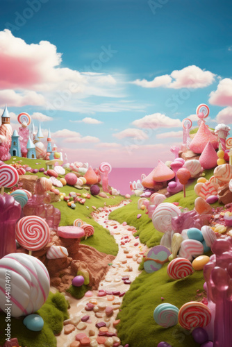 Colorful pastel candy landscape. pink castle or palace in the land of sweets. road among sweets and lollipops
