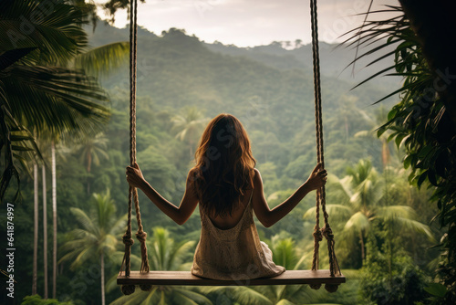 Rear view woman on a swing in Asia. Young girl traveler in the mountains, tropical jungle view