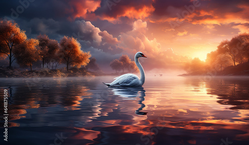 Fototapeta Naklejka Na Ścianę i Meble -  Graceful swan swimming in the lake. AI generated
