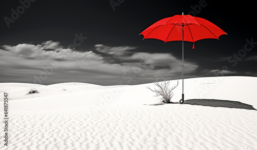 Red umbrella in a white winter landscape covered by snow. AI generated