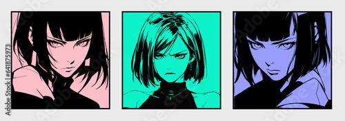 Set of manga pop art comic frames with dark-haired anime woman. photo