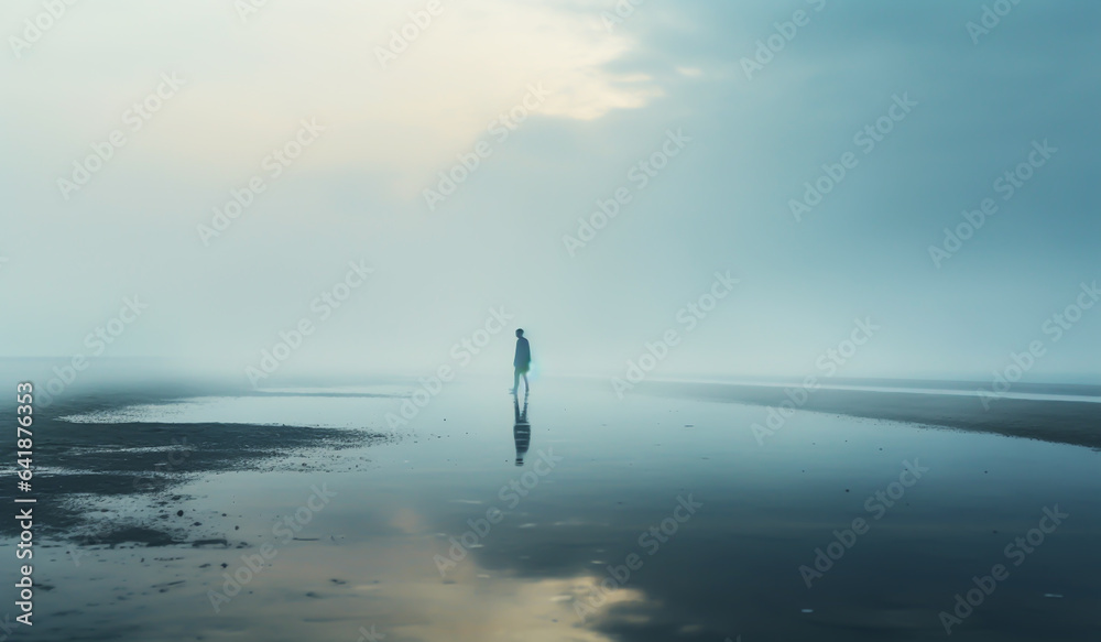 Foggy landscape with silhouette of a person walking along the beach. AI generated