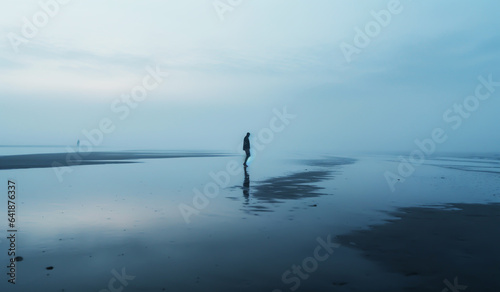 Foggy landscape with silhouette of a person walking along the beach. AI generated
