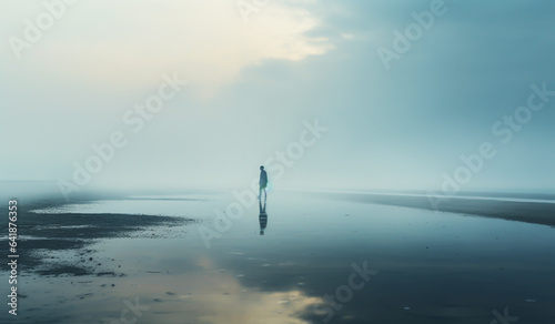 Foggy landscape with silhouette of a person walking along the beach. AI generated