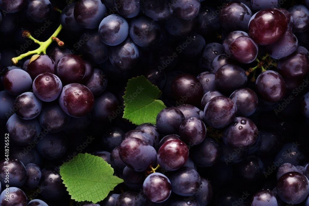 Close up of fresh black grapes , top view, seamless pattern. Generative Ai